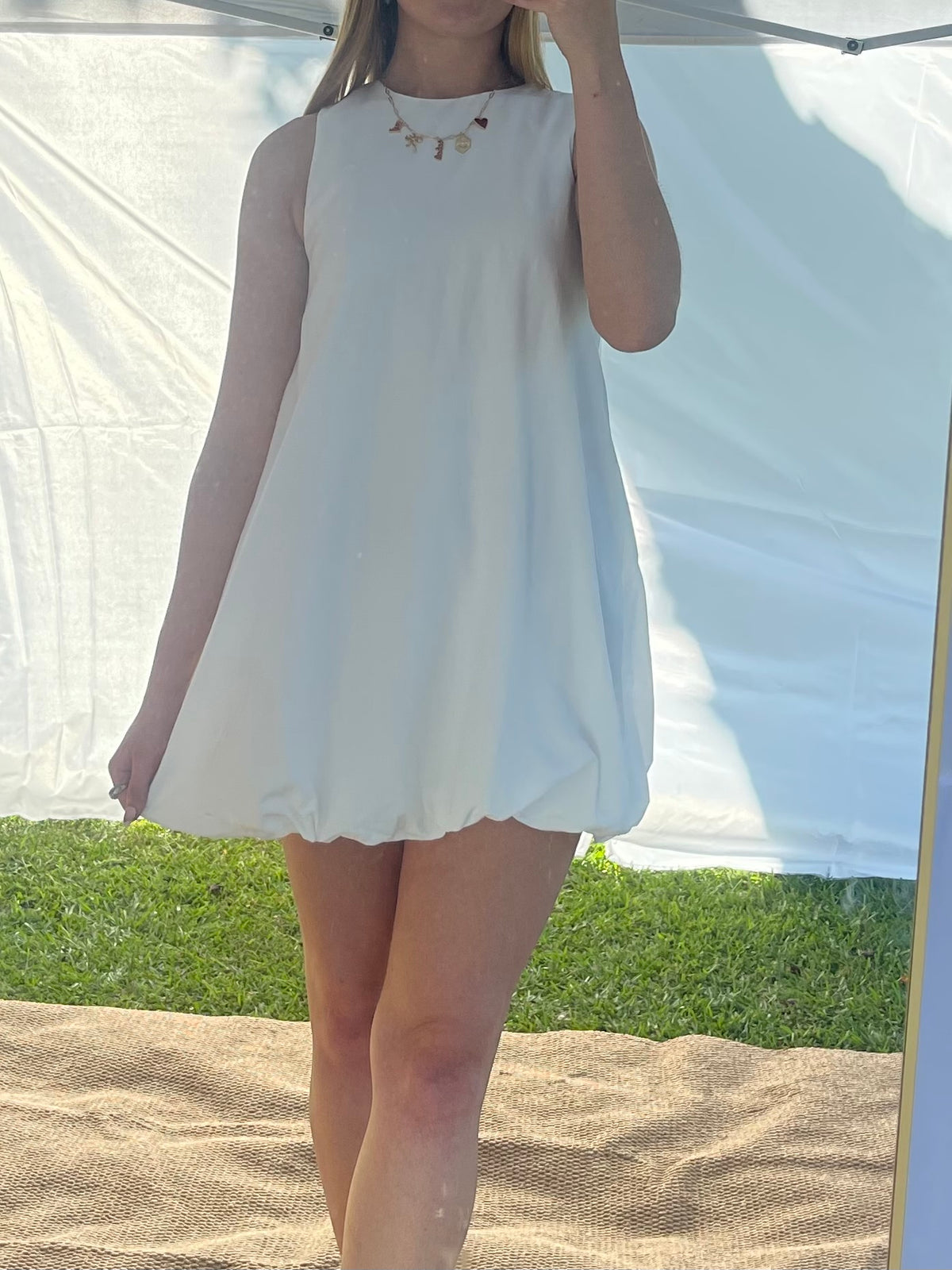 CD06633-Open Back Design Bubble Hem Mini Dress