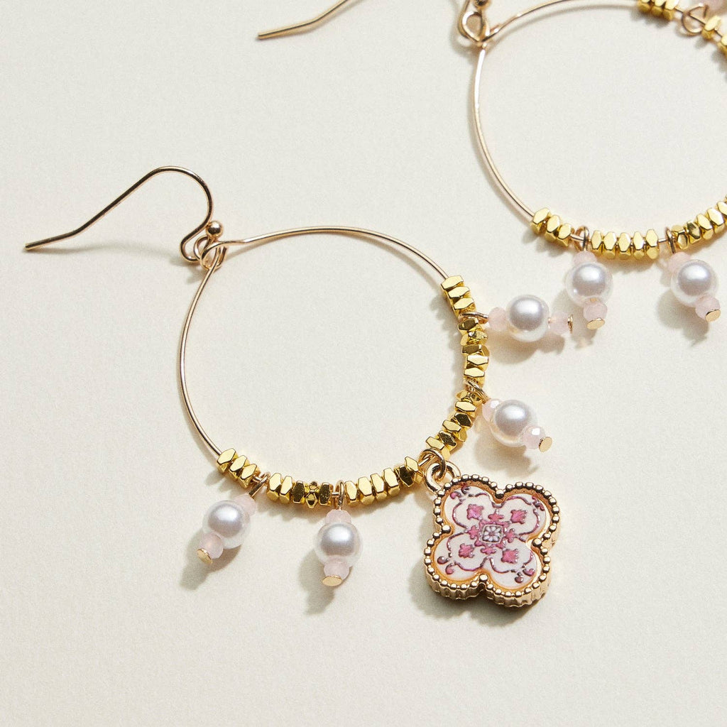 Boho Floral Pearl Hoop Earrings | Porcelain-Inspired Jewelry