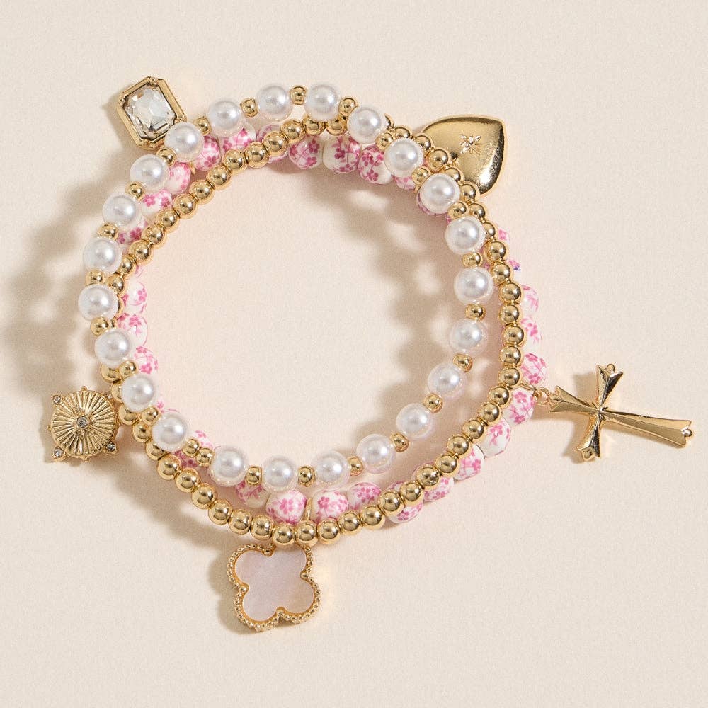 Pearl Beaded Charm Layered Bracelet