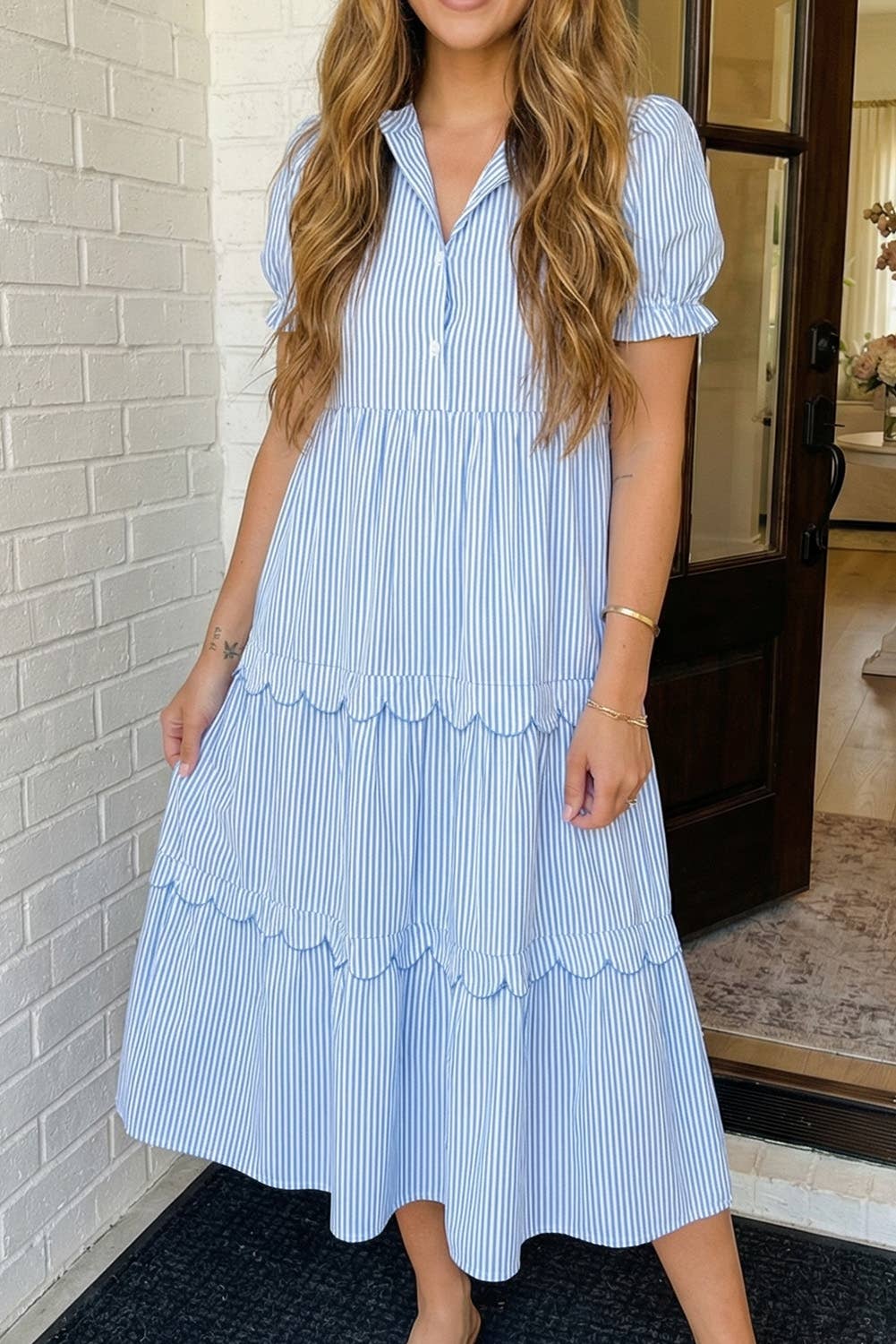 LAS Stripe Bubble Tiered Scallop Long Dress (S-XL)