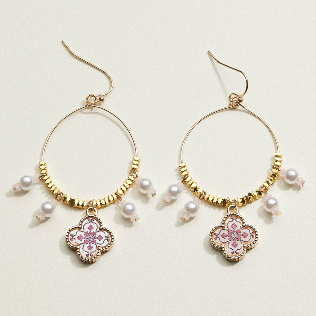 Boho Floral Pearl Hoop Earrings | Porcelain-Inspired Jewelry