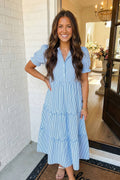 LAS Stripe Bubble Tiered Scallop Long Dress (S-XL)