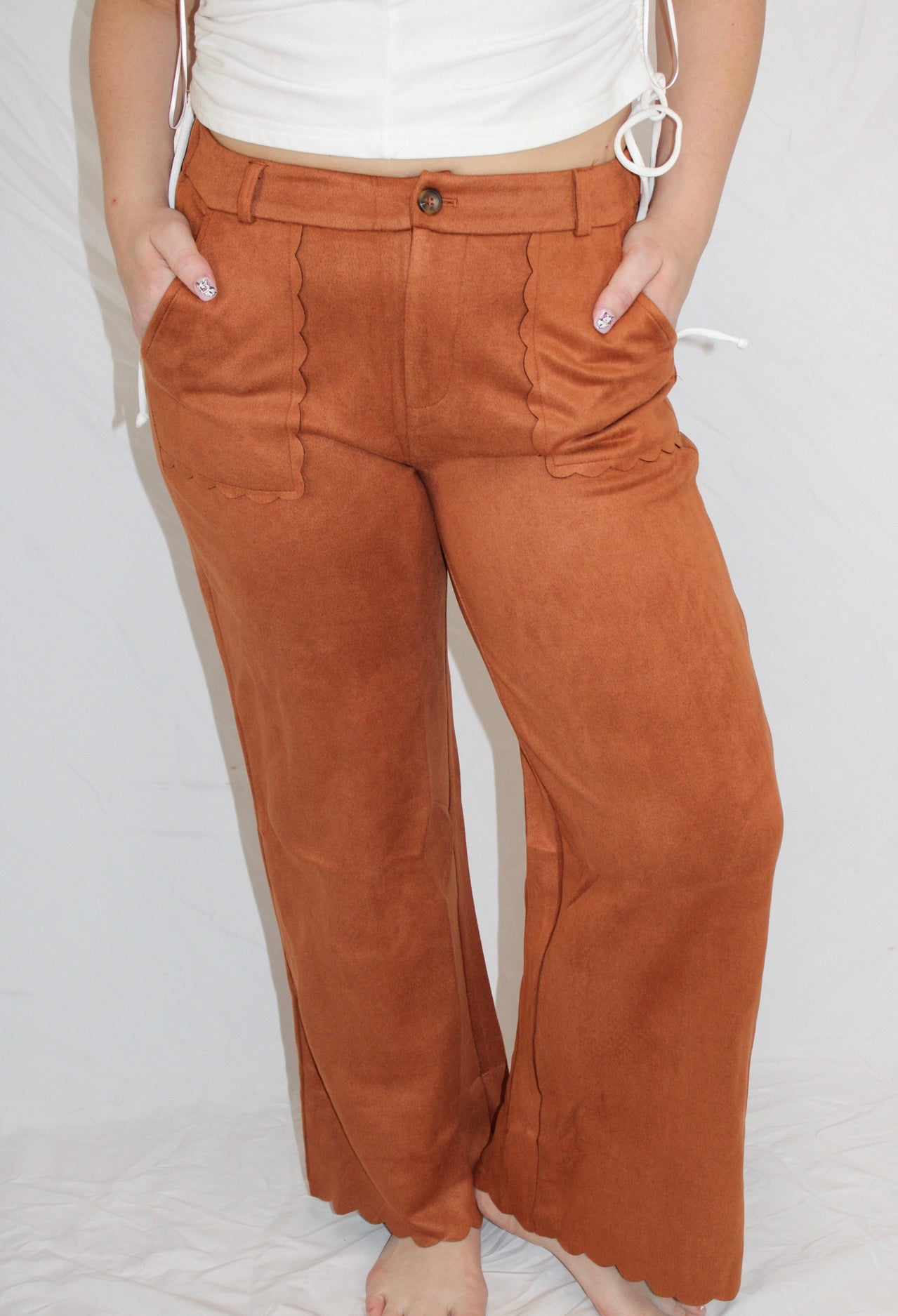 brown scalloped pants