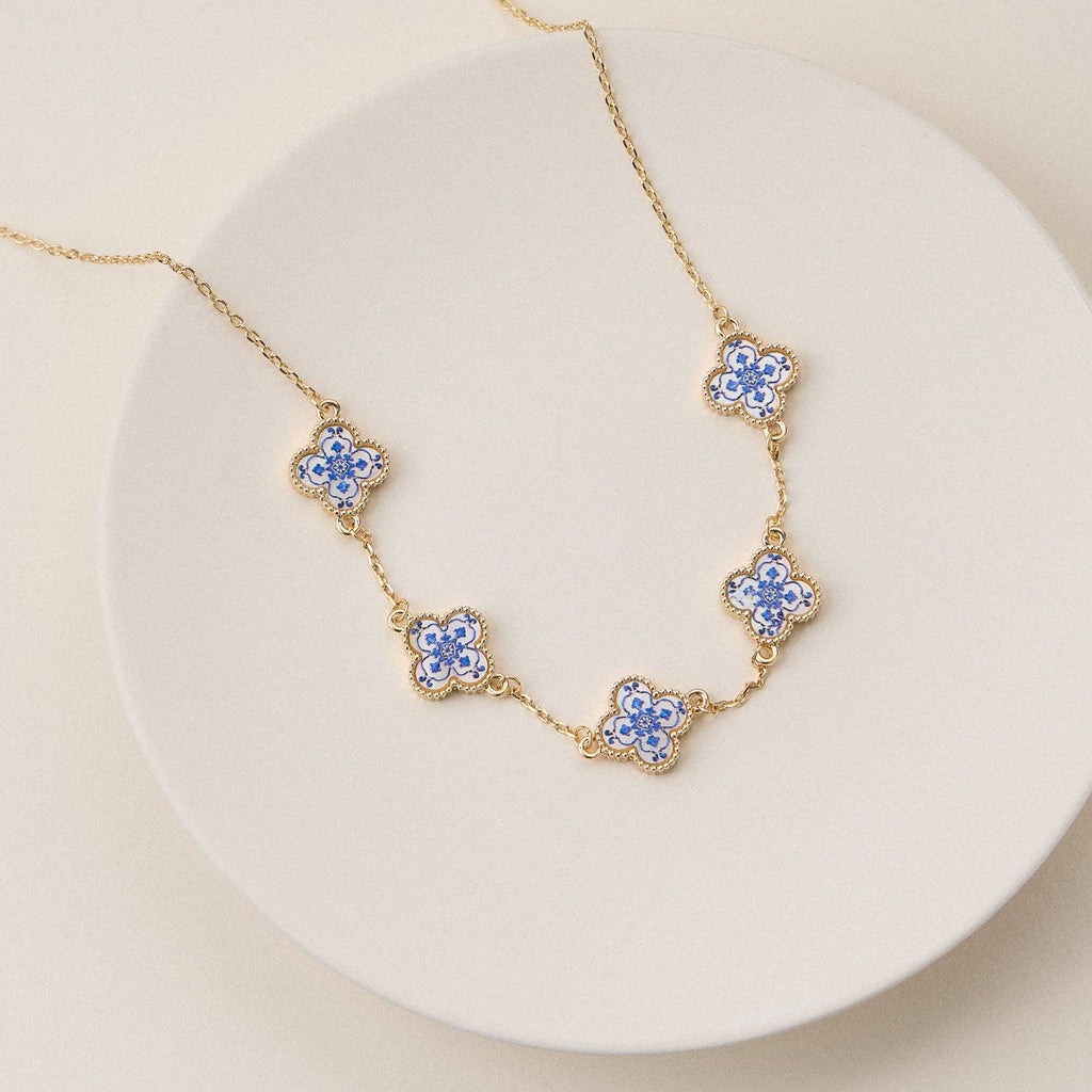 Blue Floral Clover Enamel Necklace | Gold Charm Necklace