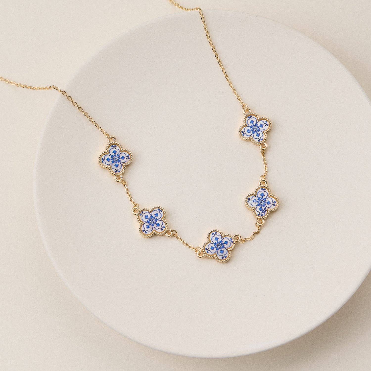 Blue Floral Clover Enamel Necklace | Gold Charm Necklace