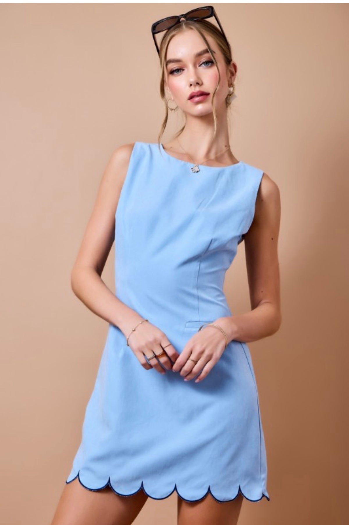 Faux suede a- line dress with contrast scallop trim