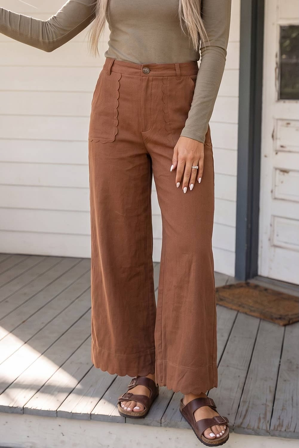 brown scalloped pocket pants