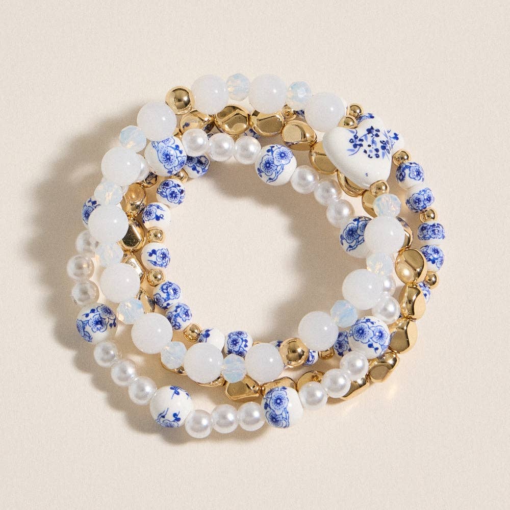 Blue Floral Beaded Bracelet Set