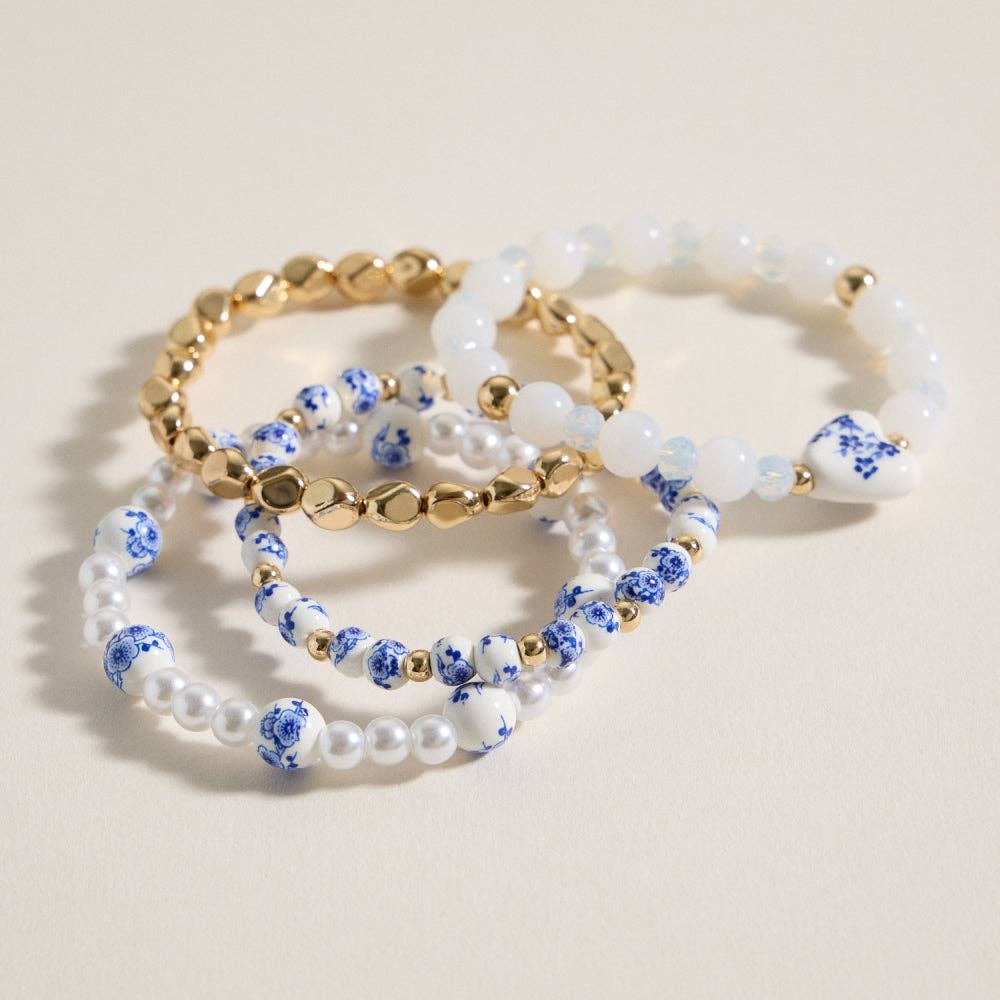 Blue Floral Beaded Bracelet Set
