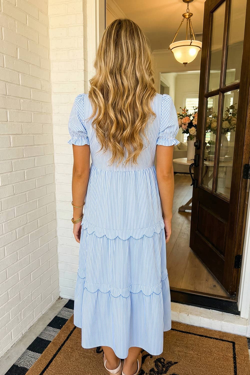 LAS Stripe Bubble Tiered Scallop Long Dress (S-XL)