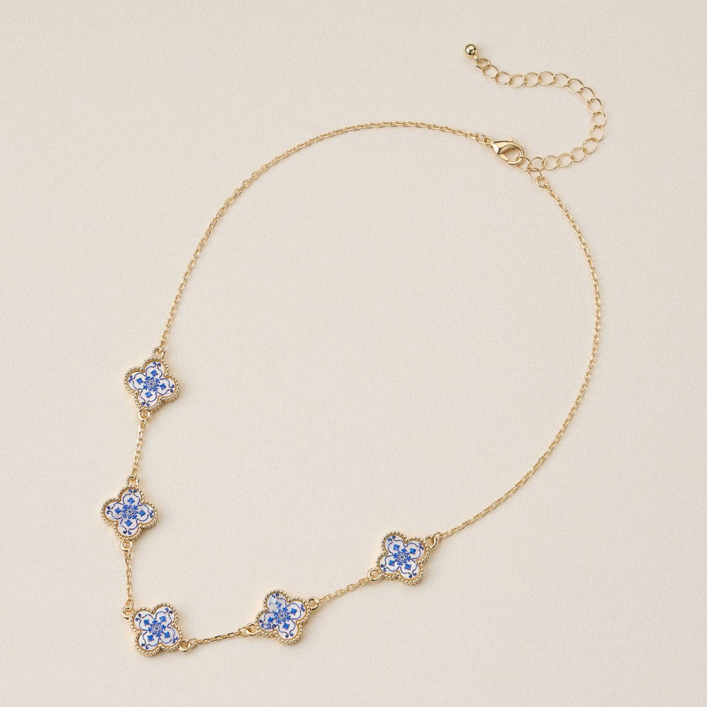 Blue Floral Clover Enamel Necklace | Gold Charm Necklace