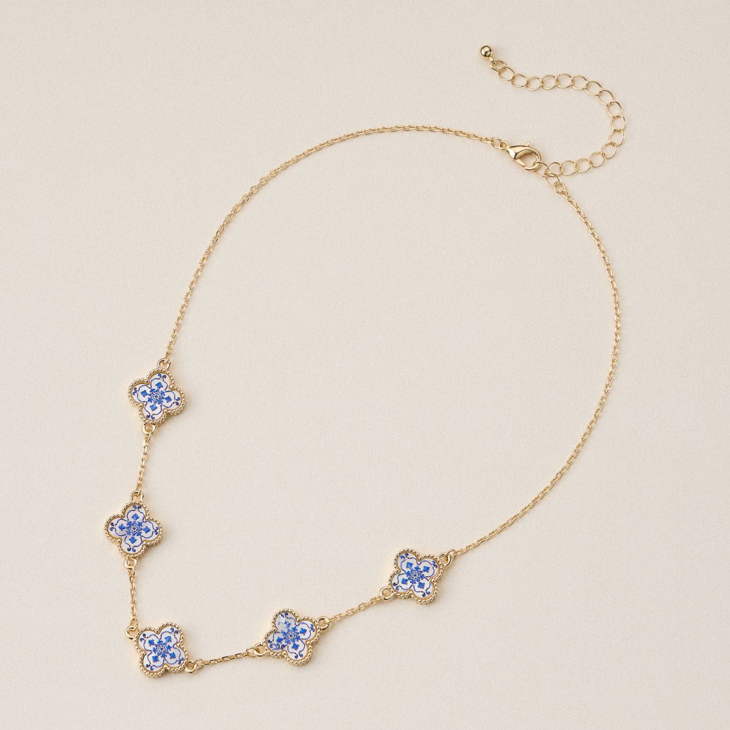 Blue Floral Clover Enamel Necklace | Gold Charm Necklace