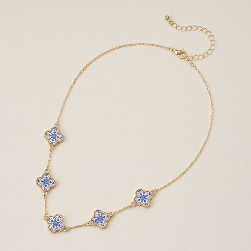 Blue Floral Clover Enamel Necklace | Gold Charm Necklace