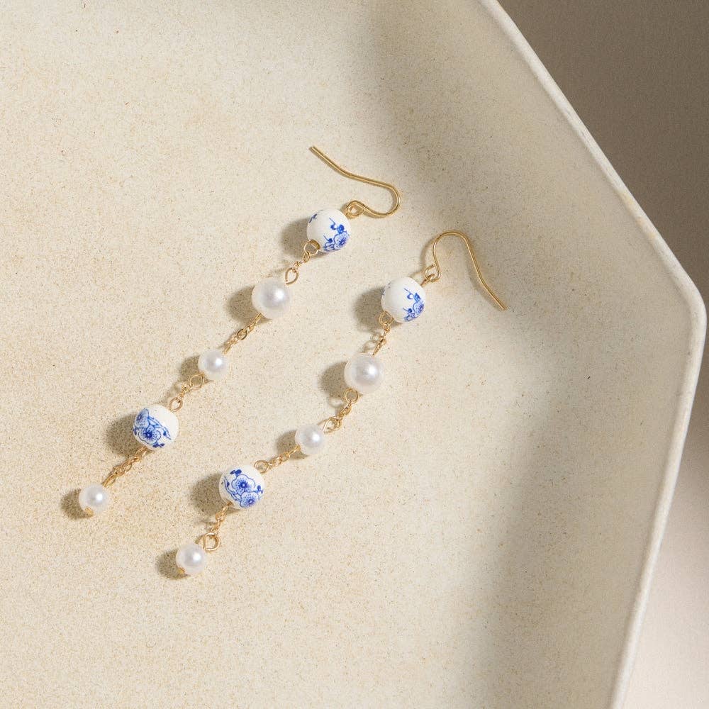 Blue Floral Ceramic & Pearl Drop Earrings