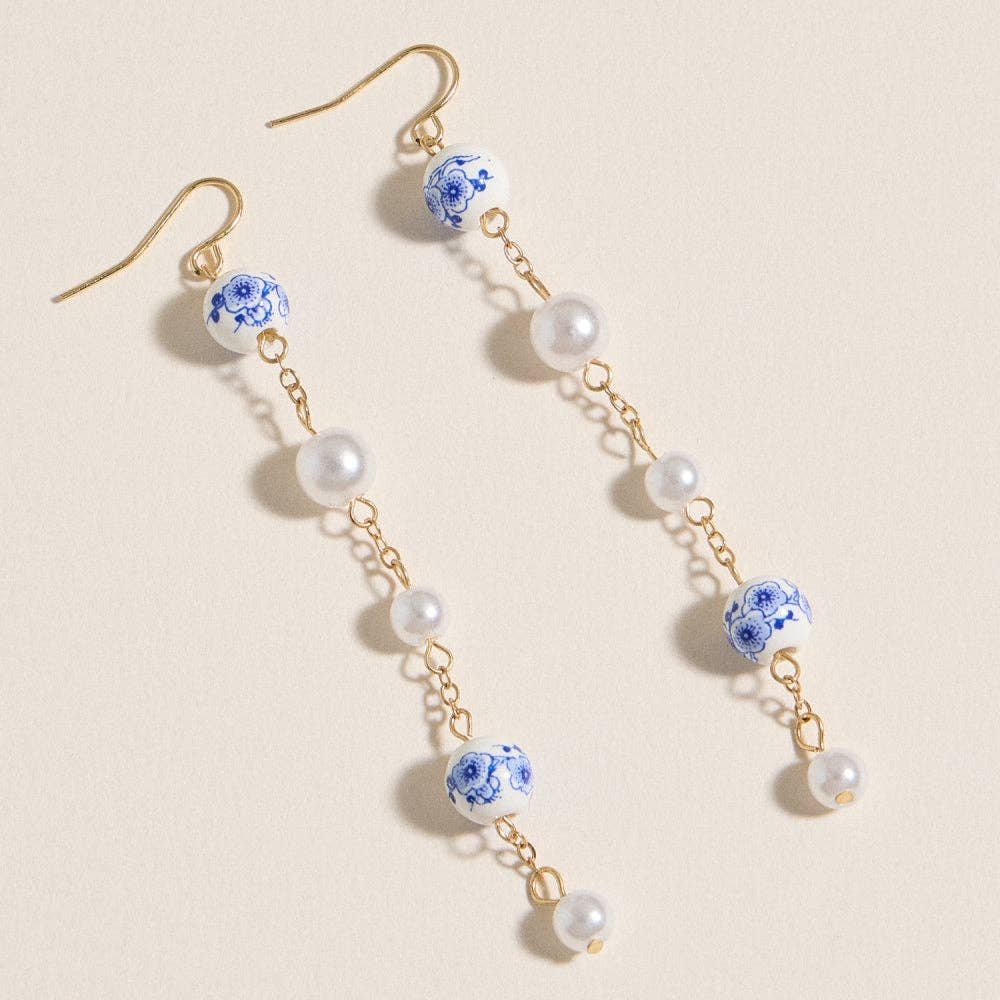 Blue Floral Ceramic & Pearl Drop Earrings